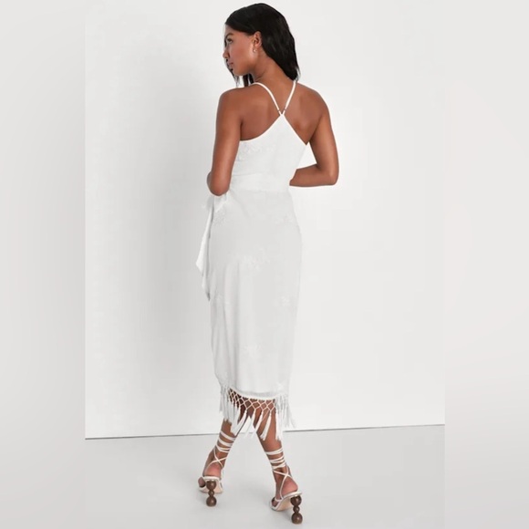 LULUS Fun Affair White Floral Embroidered Tassel Midi Wrap Dress Romantic - Picture 3 of 15